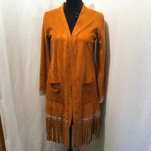 Hendi Faux Suede Leather Cardigan With Fringe Hem Size S/M